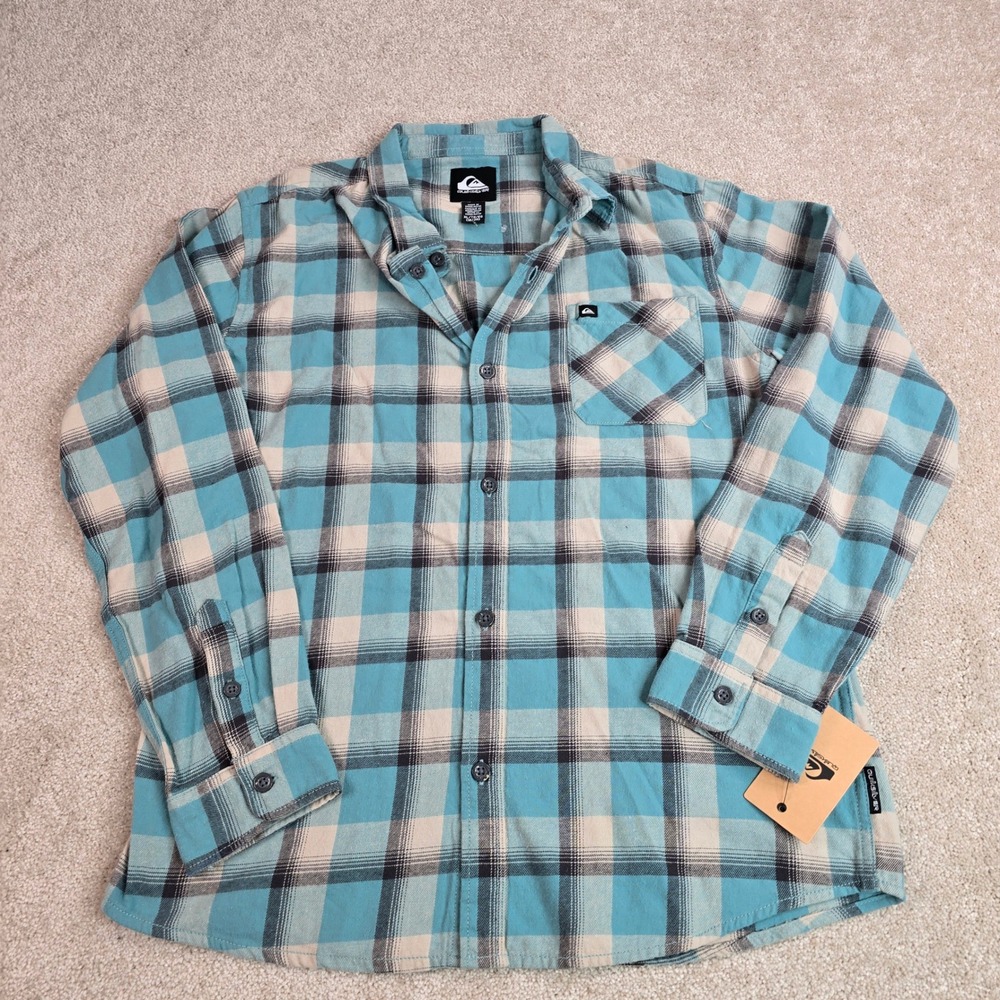 Quiksilver Boys XL 18/20‎ Flannel Shirt Dusty Turquoise Plaid Button Down NWT